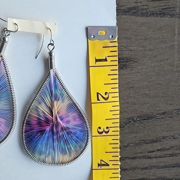 Large Teardrop Dangling Multicolor String Wrapped Earrings - Picture 13 of 14